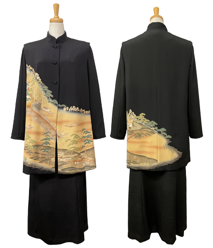 TO-52A　スタンドカラーロングベスト　￥29,700　TO-39C　衿なしブラウス　￥24,200　BO-5A　6枚はぎスカート　￥22,000