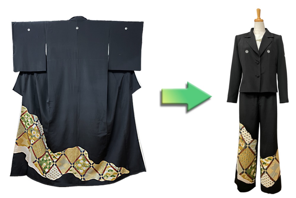 花菱、笹菱など菱文の留袖がジャケットとロングパンツのセットアップに